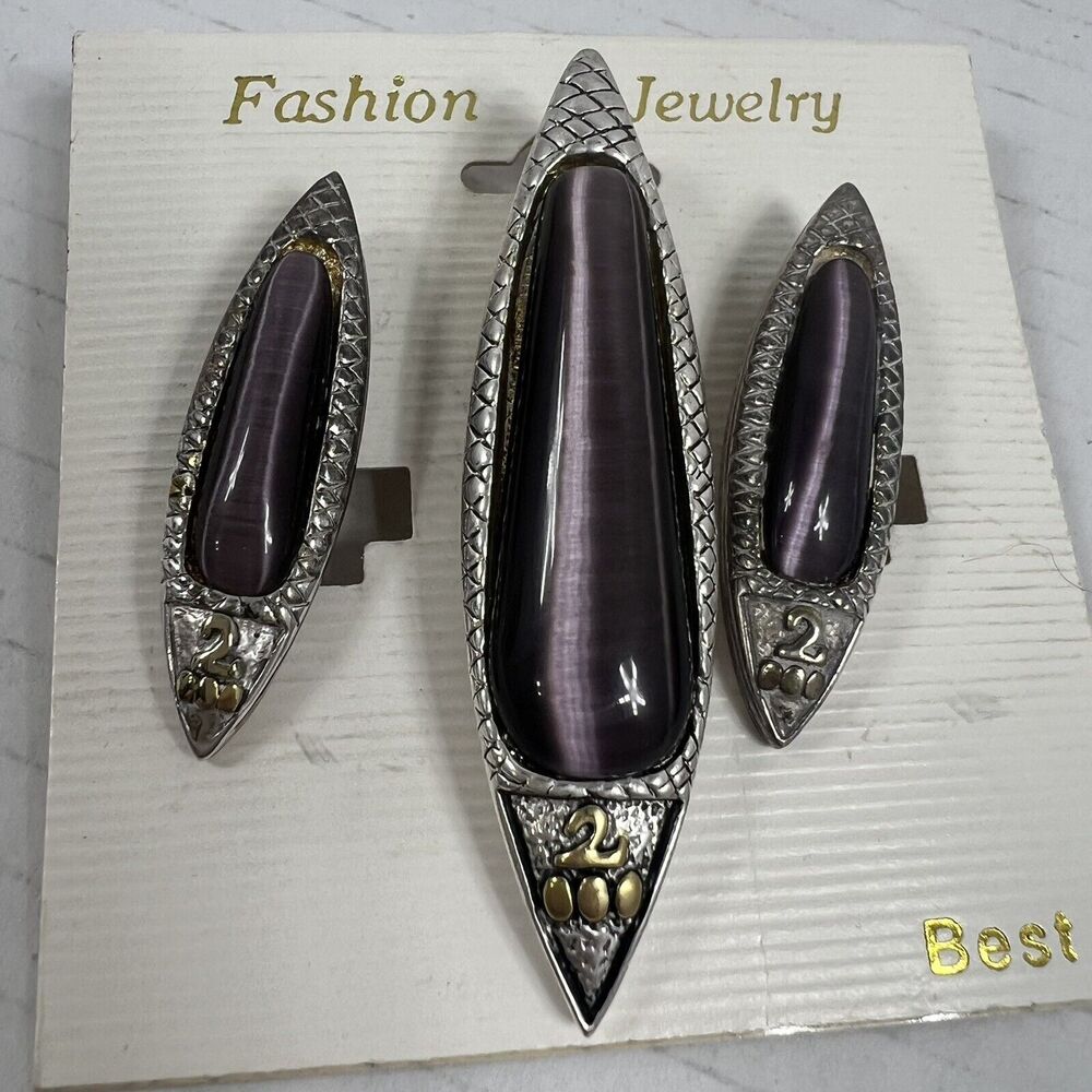 Vintage BEST Pierced Earrings & Pendant Cat Eye Oval Canoe Shape Silver Tone